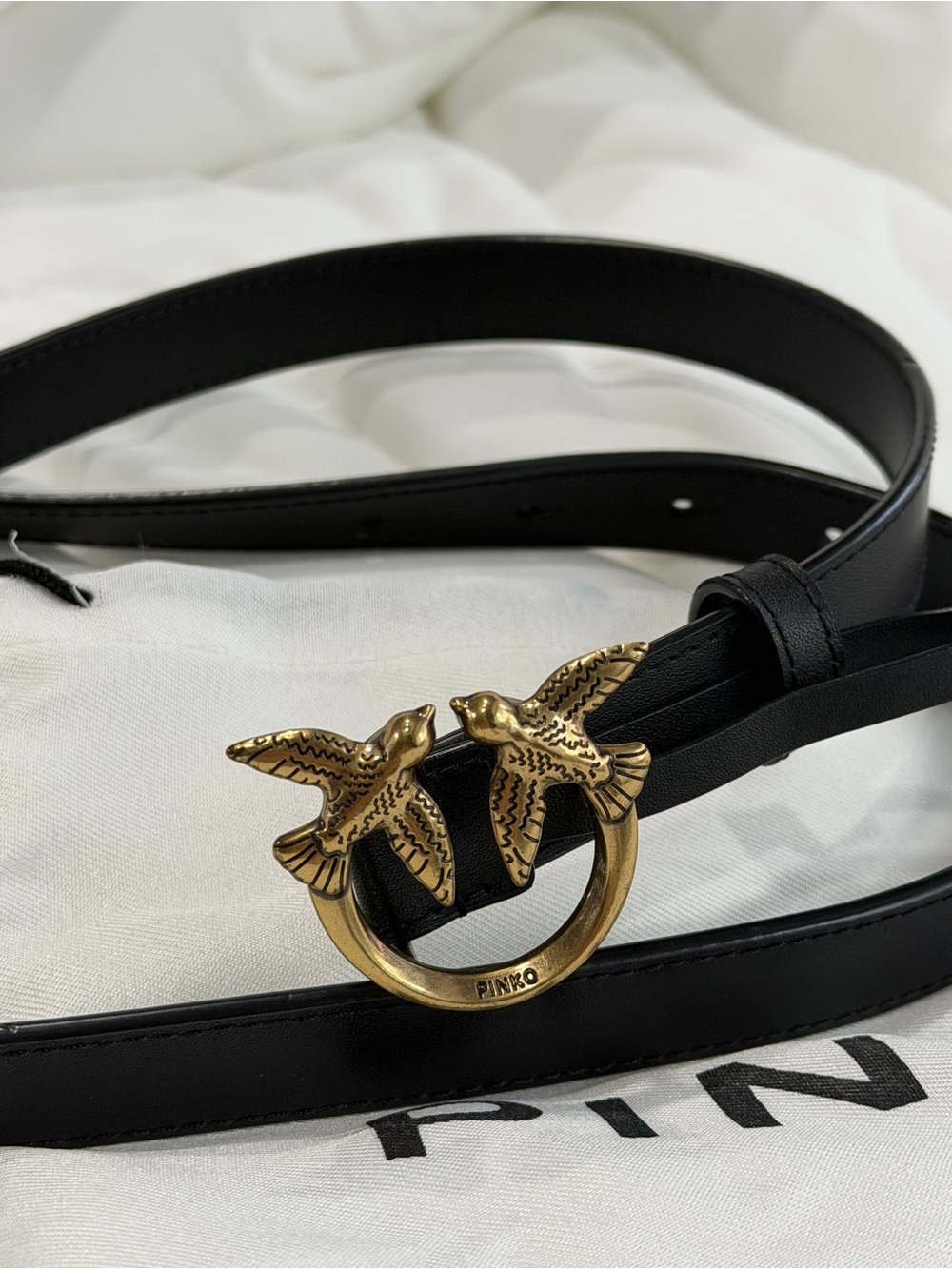 Pinko Black Leather Belt with Gold Double Bird Ring